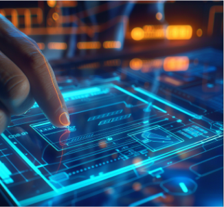 Close-up of a finger interacting with a glowing blue digital circuit interface